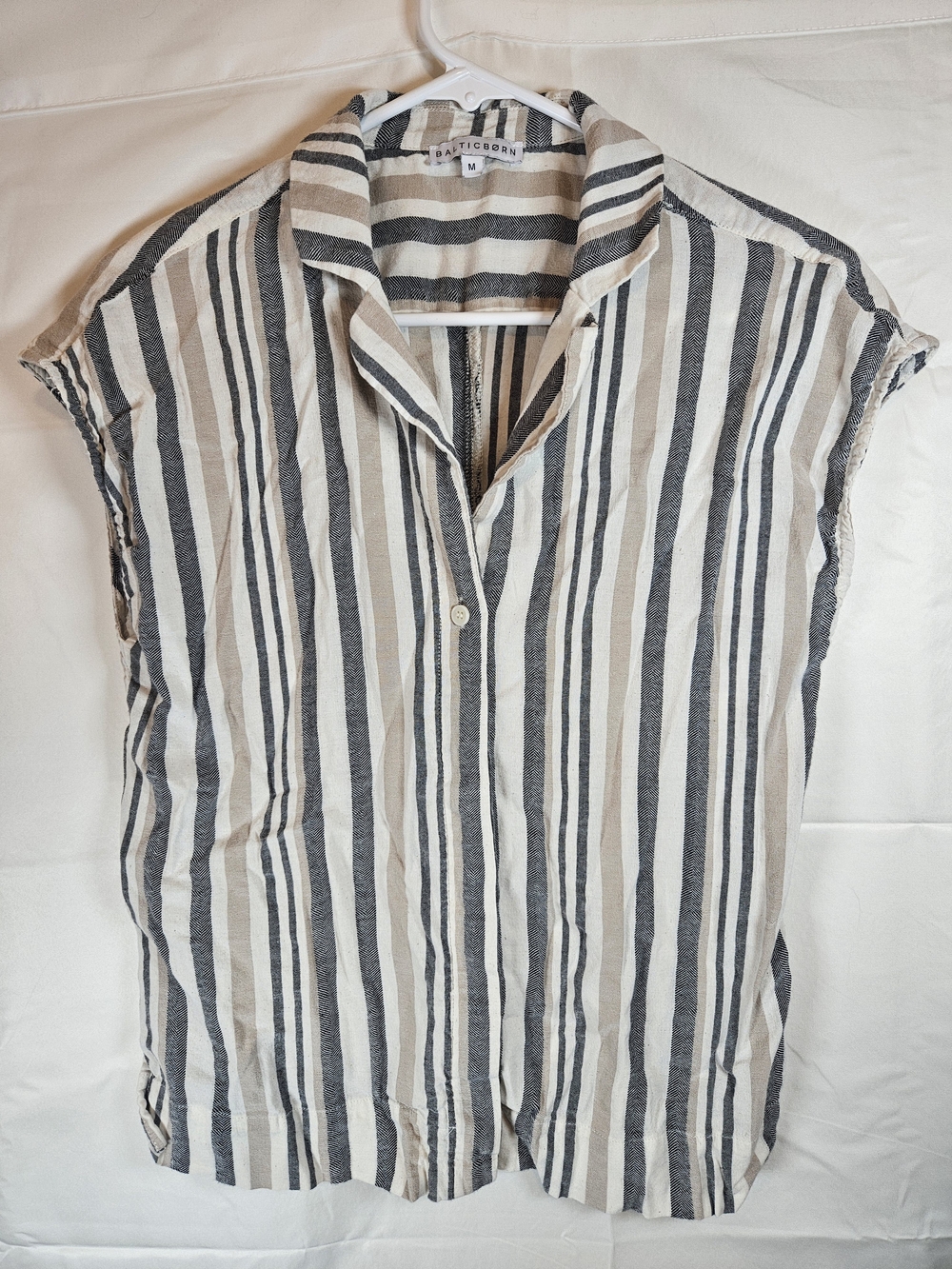 Baltic Born Vertical Stripe Cap Sleeve Button-Down in Black & Tan Casual Office
